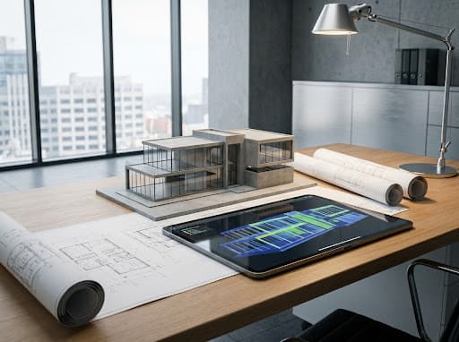 Architectural model and tablet with blueprints